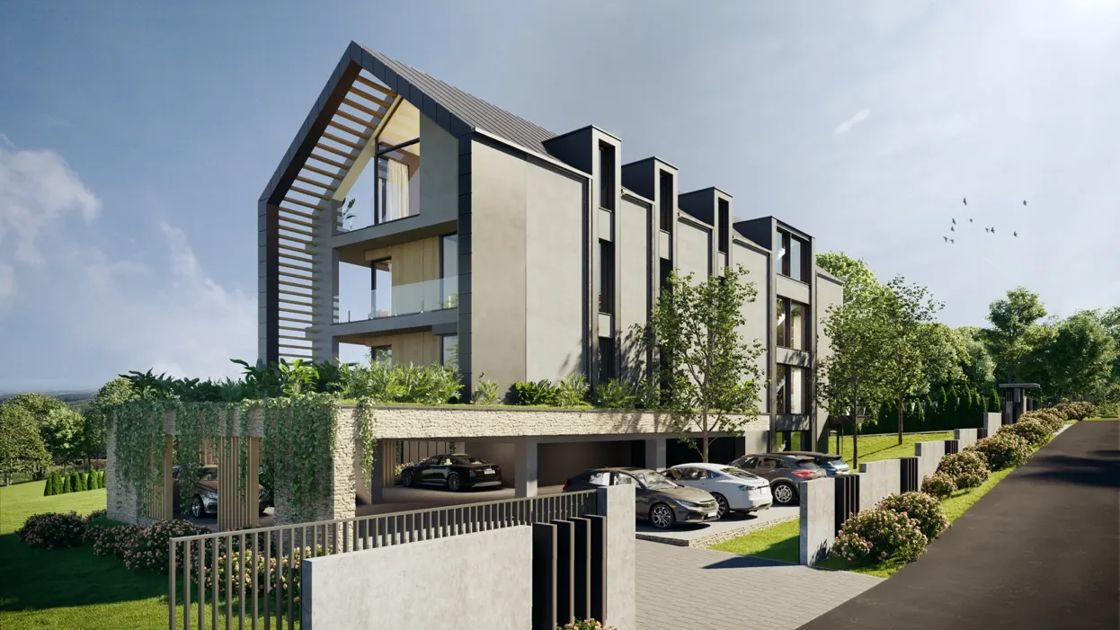 Az apartmanház utcai homlokzata fedett parkolóval