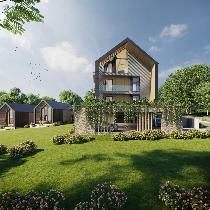 A HillGate apartmanház a kertből nézve, előtérben a skandináv házakkal
