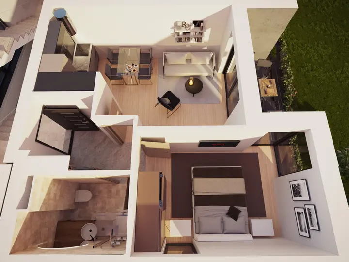Egy hálószobás apartman 3D alaprajza