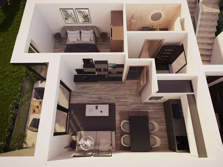 Két hálószobás apartman 3D alaprajza